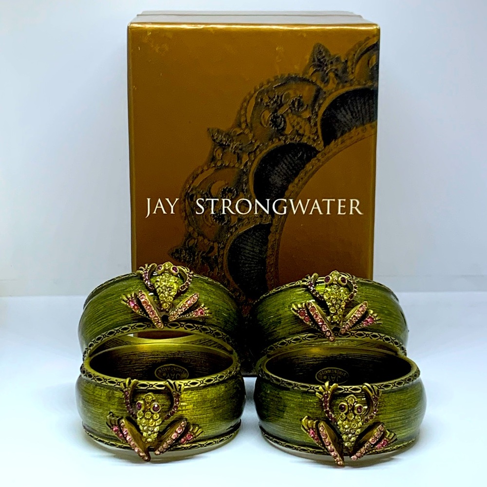(4) Jay Strongwater Frog Napkin Rings Crystal/Multi-Color/Brass w/ box